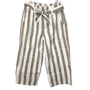Topshop Stripe Belted Wide Leg 100% Cotton Crop Trouser Pants White Tan Size 12